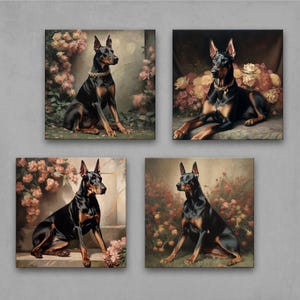 Regal Doberman Wall Art Set of 4 – Elegant Dog Portraits with Floral Backgrounds for Modern, Rustic, and Pet-Lover Home Decor 4XB177