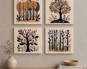 May include: A set of four square wall art prints featuring illustrations of trees and flowers in a palette of muted orange, dark blue, and cream. Two prints depict dense forest scenes, while the other two showcase single large trees with blooms.
