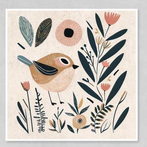 The image is a vibrant and whimsical illustration featuring a small bird surrounded by various flowers, leaves, and other natural elements.