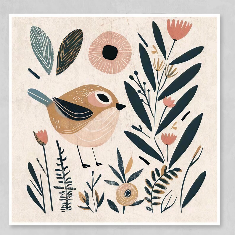 The image is a vibrant and whimsical illustration featuring a small bird surrounded by various flowers, leaves, and other natural elements.