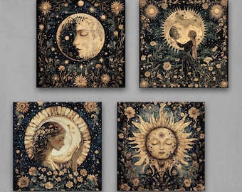 Sun and Moon Wall Art Set of 4 – Mystical Celestial Prints for Boho, Gothic, and Astrology-Inspired Home Decor 4XB139