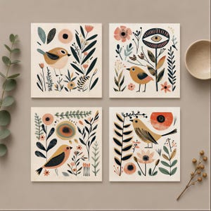 four square illustrations of birds surrounded by various floral and natural elements, such as leaves, flowers, and branches.