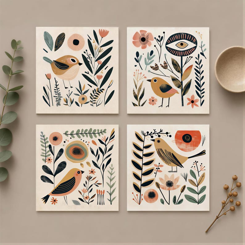 four square illustrations of birds surrounded by various floral and natural elements, such as leaves, flowers, and branches.