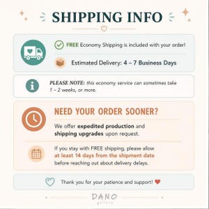 The image is a shipping information graphic that includes icons for economy shipping, estimated delivery, and a note about the shipping service. It also provides instructions for needing an order soon and mentions that free shipping is available for staying with the service. The image does not contain any text that can be described in more detail, and it does not include any specific details about the content or context of the image.