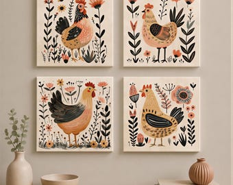 Farmhouse Chicken Art Prints | Rustic Hen & Rooster Wall Decor 4XB023