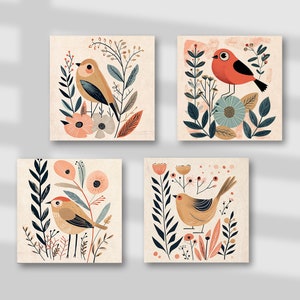 Boho Mid Century Folk Art, Birds Floral Theme, a Set of 4 Canvas Giclee Prints, Watercolor Acrylic Canvas, Wall Decor Artwork 00131B