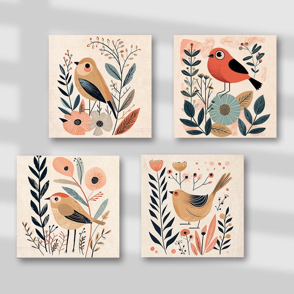 Boho Mid Century Folk Art, Birds Floral Theme, a Set of 4 Canvas Giclee Prints, Watercolor Acrylic Canvas, Wall Decor Artwork 00131B