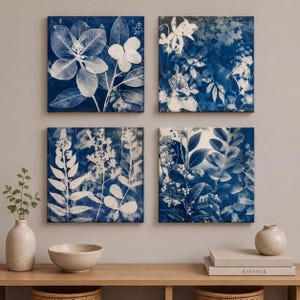 Indigo Botanical Wall Art - Cyanotype Floral Prints Set of 4 or Individual 4XA004