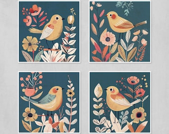 Colorful Birds and Florals Wall Art Set– Ready 2 Frame Nature Prints, Boho Mid Century Folk Art, Unframed Rolled in Tube, Unique Gift 4XB004