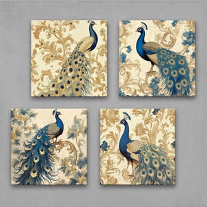 A set of 4 vintage peacock prints featuring majestic blue and gold peacocks with intricate floral patterns. Perfect for vintage, bohemian, and nature-inspired interiors. Ideal decor for living rooms, bedrooms, or offices as elegant, timeless artwork.