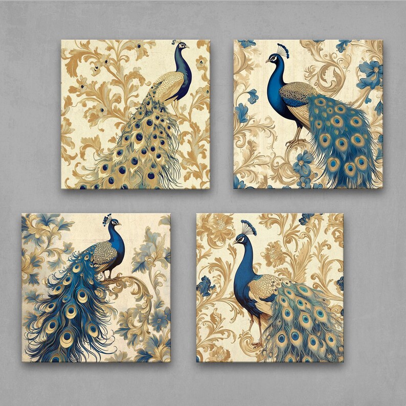 A set of 4 vintage peacock prints featuring majestic blue and gold peacocks with intricate floral patterns. Perfect for vintage, bohemian, and nature-inspired interiors. Ideal decor for living rooms, bedrooms, or offices as elegant, timeless artwork.