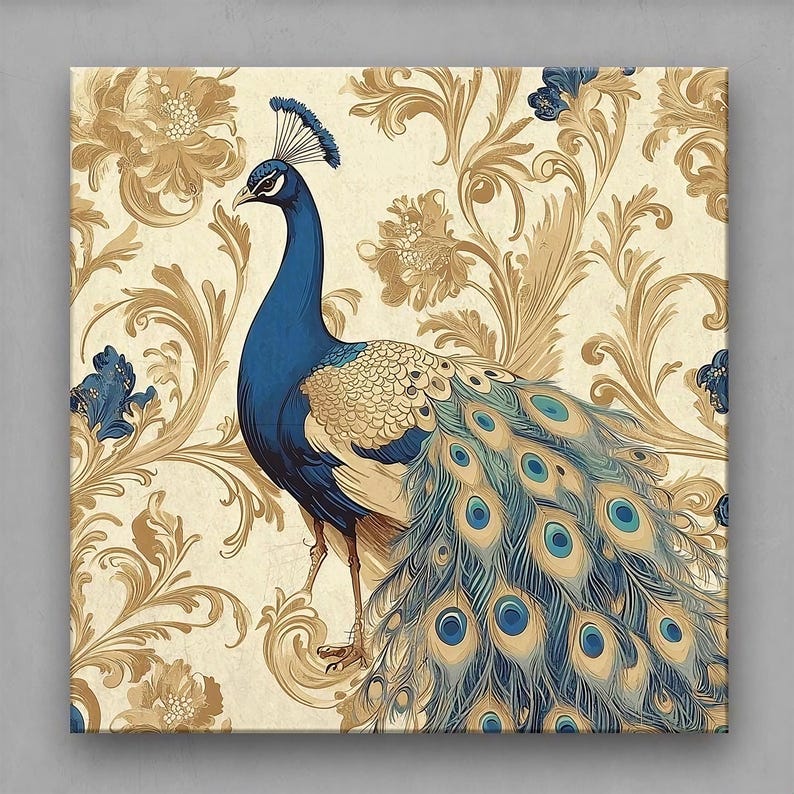 A set of 4 vintage peacock prints featuring majestic blue and gold peacocks with intricate floral patterns. Perfect for vintage, bohemian, and nature-inspired interiors. Ideal decor for living rooms, bedrooms, or offices as elegant, timeless artwork.