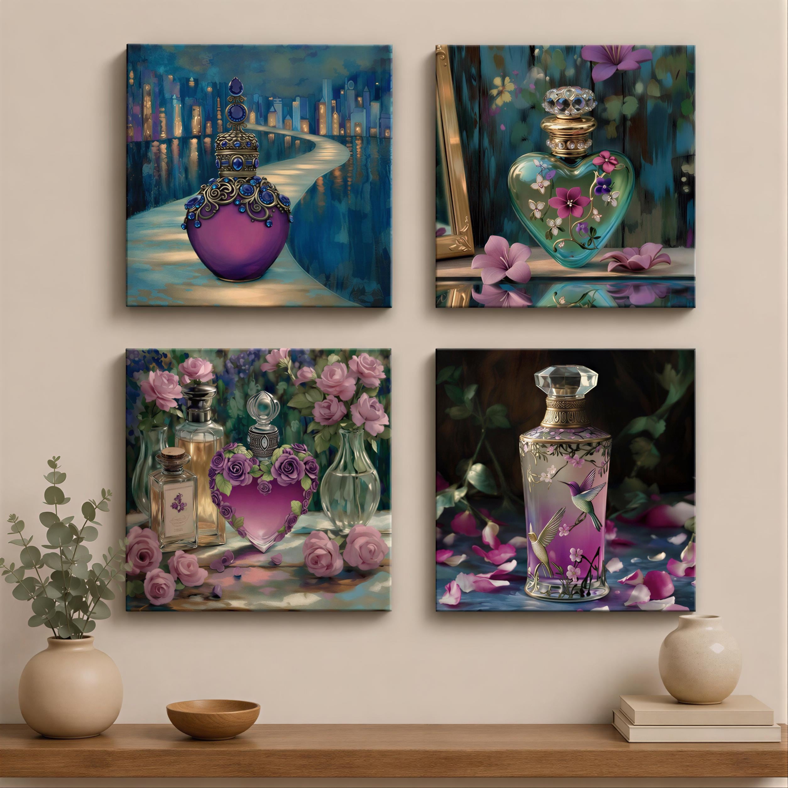Perfume Bottle Canvas Art (Set of 4 or Single) - Vintage Floral, French Country Decor, 4XB327