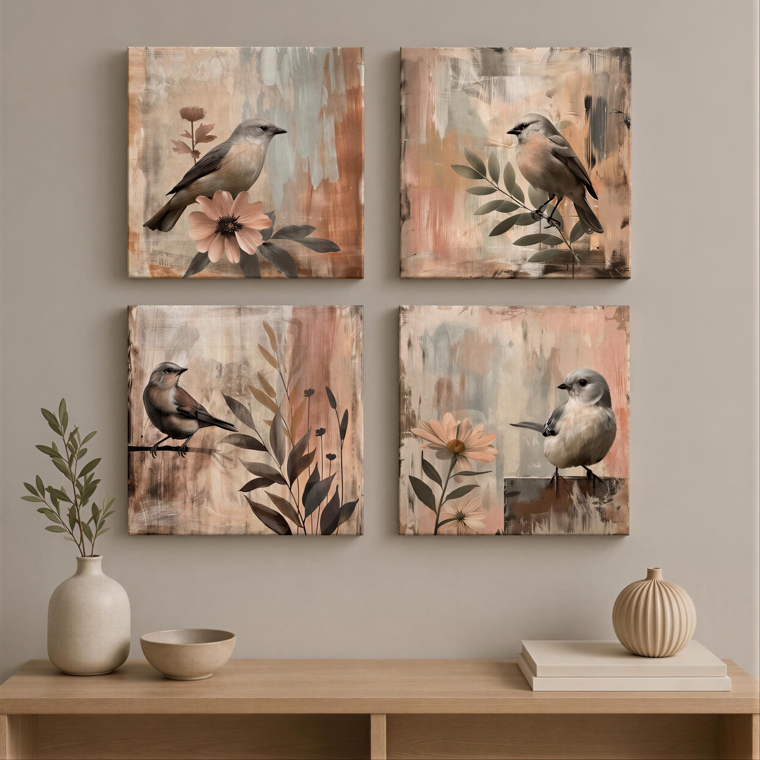 Bird and Flower Prints (Set of 4 or Single) - Neutral Rustic Botanical Wall Art 4XB601