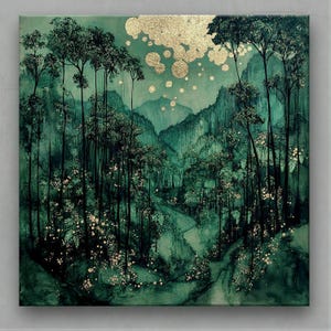 A set of 4 enchanted forest prints featuring mystical green woodlands, golden accents, & dreamy nature landscapes. Perfect for boho, cottagecore, rustic, and modern interiors. Ideal calming wall decor for living rooms, bedrooms & gallery walls.