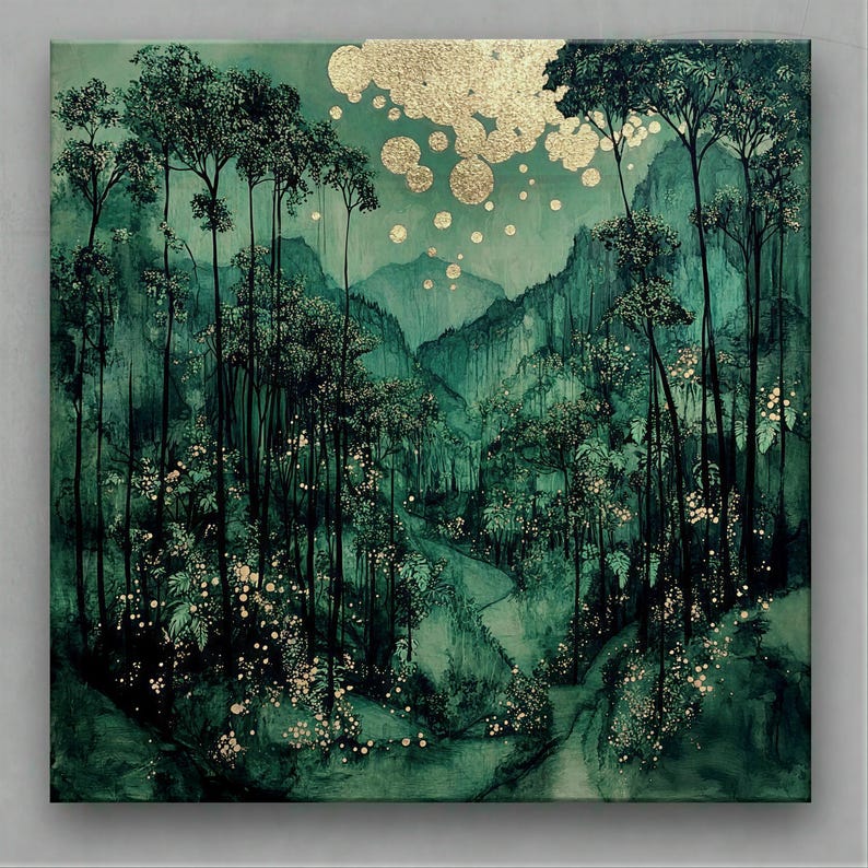 A set of 4 enchanted forest prints featuring mystical green woodlands, golden accents, & dreamy nature landscapes. Perfect for boho, cottagecore, rustic, and modern interiors. Ideal calming wall decor for living rooms, bedrooms & gallery walls.