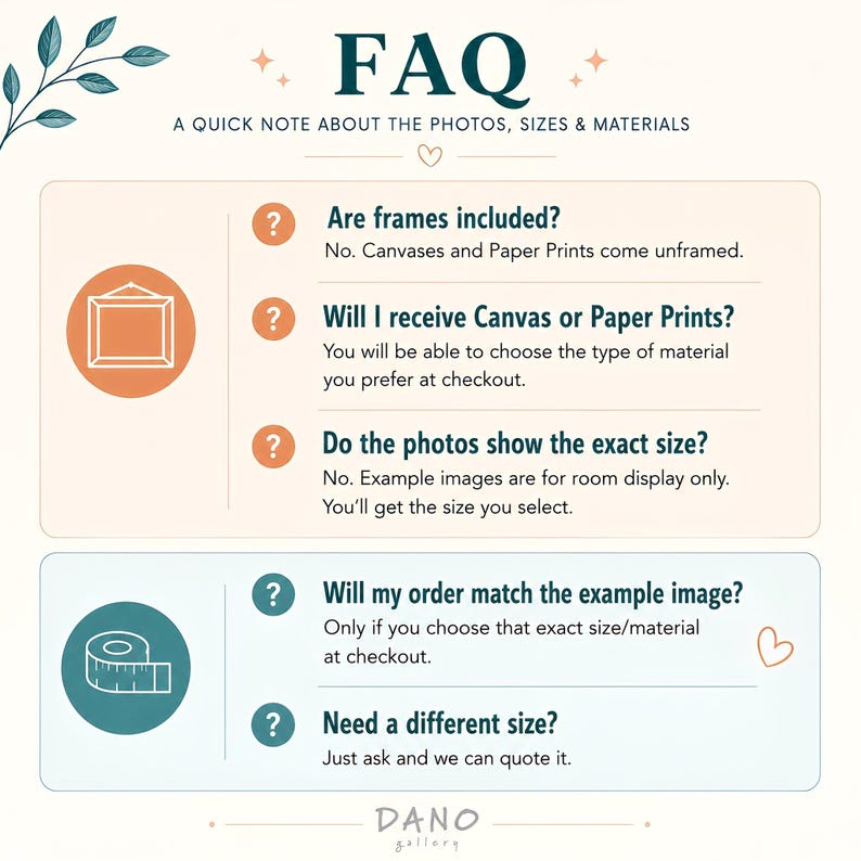 a series of questions and answers related to the photos, sizes, and materials, providing a quick note about the available options for customers.