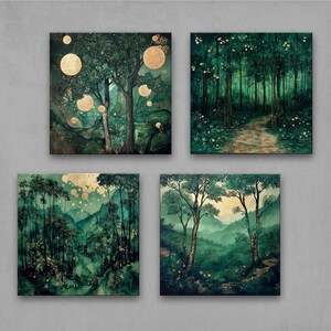 A set of 4 enchanted forest prints featuring mystical green woodlands, golden accents, & dreamy nature landscapes. Perfect for boho, cottagecore, rustic, and modern interiors. Ideal calming wall decor for living rooms, bedrooms & gallery walls.