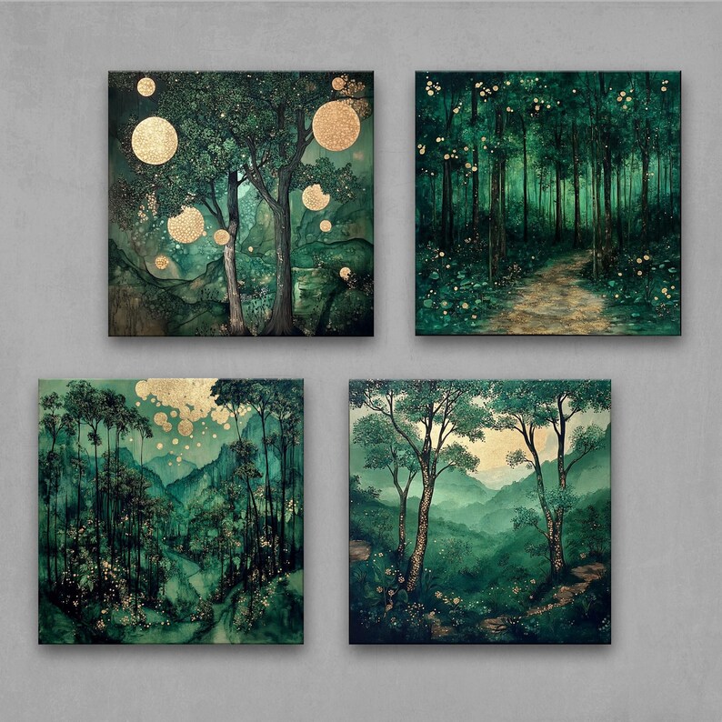 A set of 4 enchanted forest prints featuring mystical green woodlands, golden accents, & dreamy nature landscapes. Perfect for boho, cottagecore, rustic, and modern interiors. Ideal calming wall decor for living rooms, bedrooms & gallery walls.