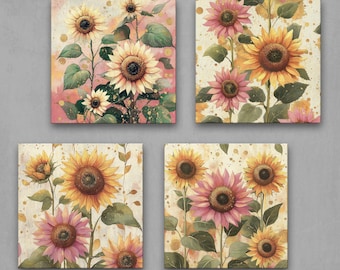 Watercolor Sunflower Print Set, Floral Wall Art, Botanical Prints, Colorful Home Decor, Gift for Flower Lover 4XB394