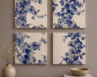 Indigo Blue Botanical Floral Prints, Farmhouse Wall Decor (Set of 4 or Single)