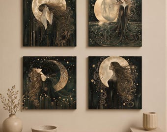 Mystical Moon Goddess Prints, Boho Wall Art (Set of 4 or Single) 4XB336