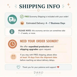 The image is a shipping information graphic that includes icons for economy shipping, estimated delivery, and a note about the shipping service. It also provides instructions for needing an order soon and mentions that free shipping is available for staying with the service. The image does not contain any text that can be described in more detail, and it does not include any specific details about the content or context of the image.