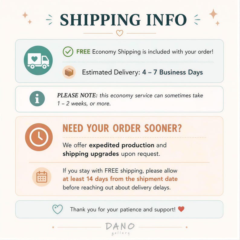 The image is a shipping information graphic that includes icons for economy shipping, estimated delivery, and a note about the shipping service. It also provides instructions for needing an order soon and mentions that free shipping is available for staying with the service. The image does not contain any text that can be described in more detail, and it does not include any specific details about the content or context of the image.