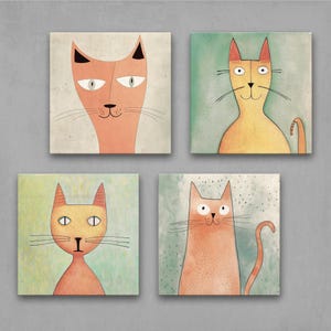 Whimsical Ugly Pet Portrait Cat Art Set | Abstract Funny Cat Wall Decor | Minimalist Ugly Cat Aesthetic | Quirky Pastel Feline Prints 4XB087