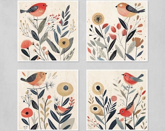 Boho Bird Prints (Set of 4 or Single), Mid Century Folk Art, Abstract Floral Wall Decor 4XB002