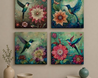 Hummingbird Flower Art Prints (Set of 4 or Single) – Colorful Botanical Wall Decor 4XB106