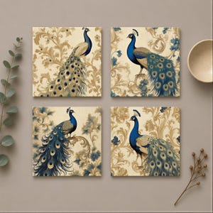 The image is a set of four square paintings featuring peacocks, each with a different design and color scheme. The paintings are arranged on a wall, with a bowl and some plants visible in the background.