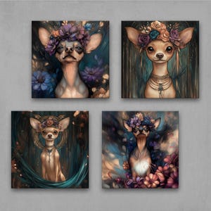 Dark Boho Chihuahua Wall Art Set | Floral Fantasy Dog Canvas Prints | Mystical Pet Decor for Living Room, Bedroom, or Nursery 4XB347