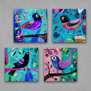 Set of 4 Prints – Colorful Bird Wall Art – Whimsical Folk Art Style Bird Prints in Bright Blue, Pink, & Purple – Eclectic Boho Decor  4XB447