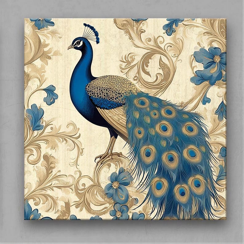 A set of 4 vintage peacock prints featuring majestic blue and gold peacocks with intricate floral patterns. Perfect for vintage, bohemian, and nature-inspired interiors. Ideal decor for living rooms, bedrooms, or offices as elegant, timeless artwork.