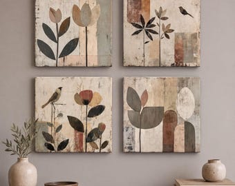 Láminas botánicas en tonos neutros (juego de 4 o individual) – Decoración de pared rústica estilo granja 4XB273
