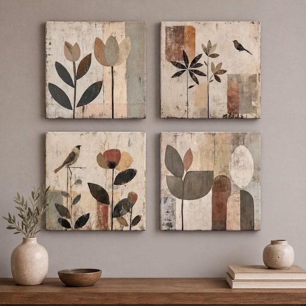 Neutral Botanical Prints  (Set of 4 or Single) – Rustic Farmhouse Wall Art 4XB273
