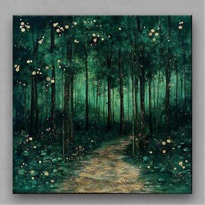 A set of 4 enchanted forest prints featuring mystical green woodlands, golden accents, & dreamy nature landscapes. Perfect for boho, cottagecore, rustic, and modern interiors. Ideal calming wall decor for living rooms, bedrooms & gallery walls.