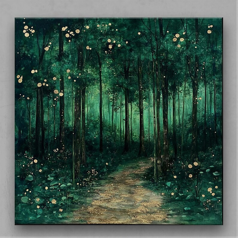 A set of 4 enchanted forest prints featuring mystical green woodlands, golden accents, & dreamy nature landscapes. Perfect for boho, cottagecore, rustic, and modern interiors. Ideal calming wall decor for living rooms, bedrooms & gallery walls.
