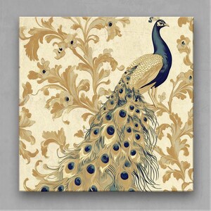 A set of 4 vintage peacock prints featuring majestic blue and gold peacocks with intricate floral patterns. Perfect for vintage, bohemian, and nature-inspired interiors. Ideal decor for living rooms, bedrooms, or offices as elegant, timeless artwork.