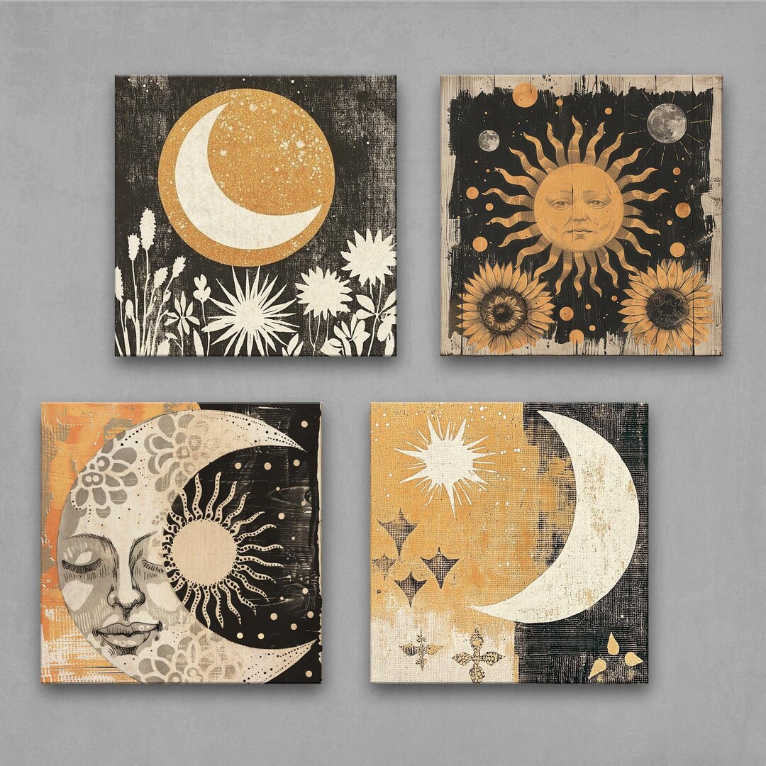 Set of 4 Prints - Boho Sun and Moon Wall Art – Mystical Celestial ...