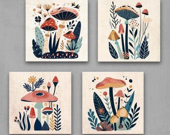 Mushroom Wall Art Set – Minimalist Botanical Prints, Cottagecore Decor 4XB222
