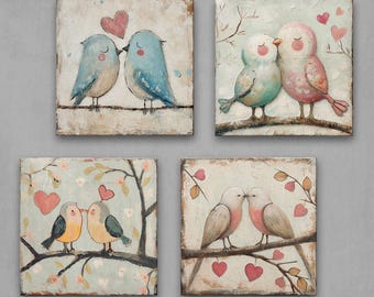 Romantic Lovebirds Wall Art Set of 4 - Whimsical Vintage Prints with Heartwarming Designs, Cottagecore and Shabby Chic Home Decor 4XB258