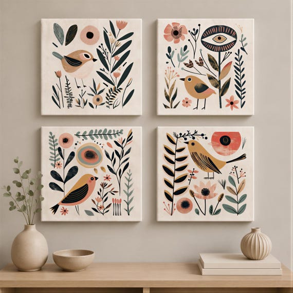 Whimsical Bird Art Prints, Boho Scandinavian Wall Decor, (Set of 4 or Single)  4XB007