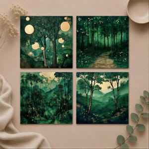 The image is a collage of four square paintings depicting various forest scenes with lush greenery, trees, and a winding path.