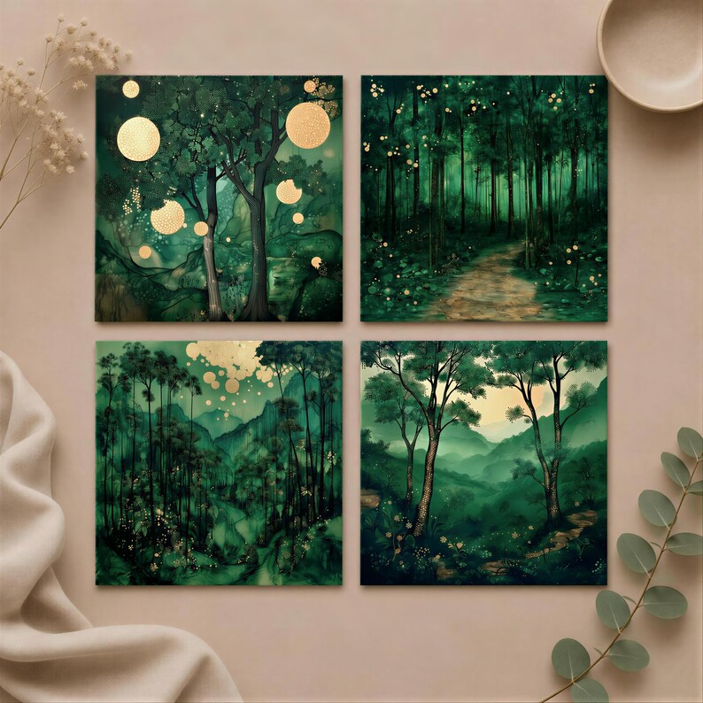 The image is a collage of four square paintings depicting various forest scenes with lush greenery, trees, and a winding path.
