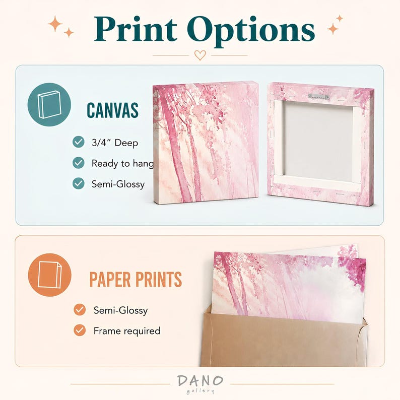 various print options for canvas and paper prints, including a 3/4" deep canvas print and a semi-glossy paper print.