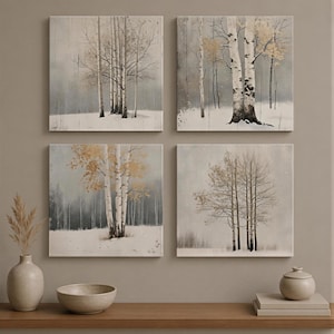 Birch Tree Forest Prints (Set of 4 or Single) – Winter & Autumn Nature Art 4XB030