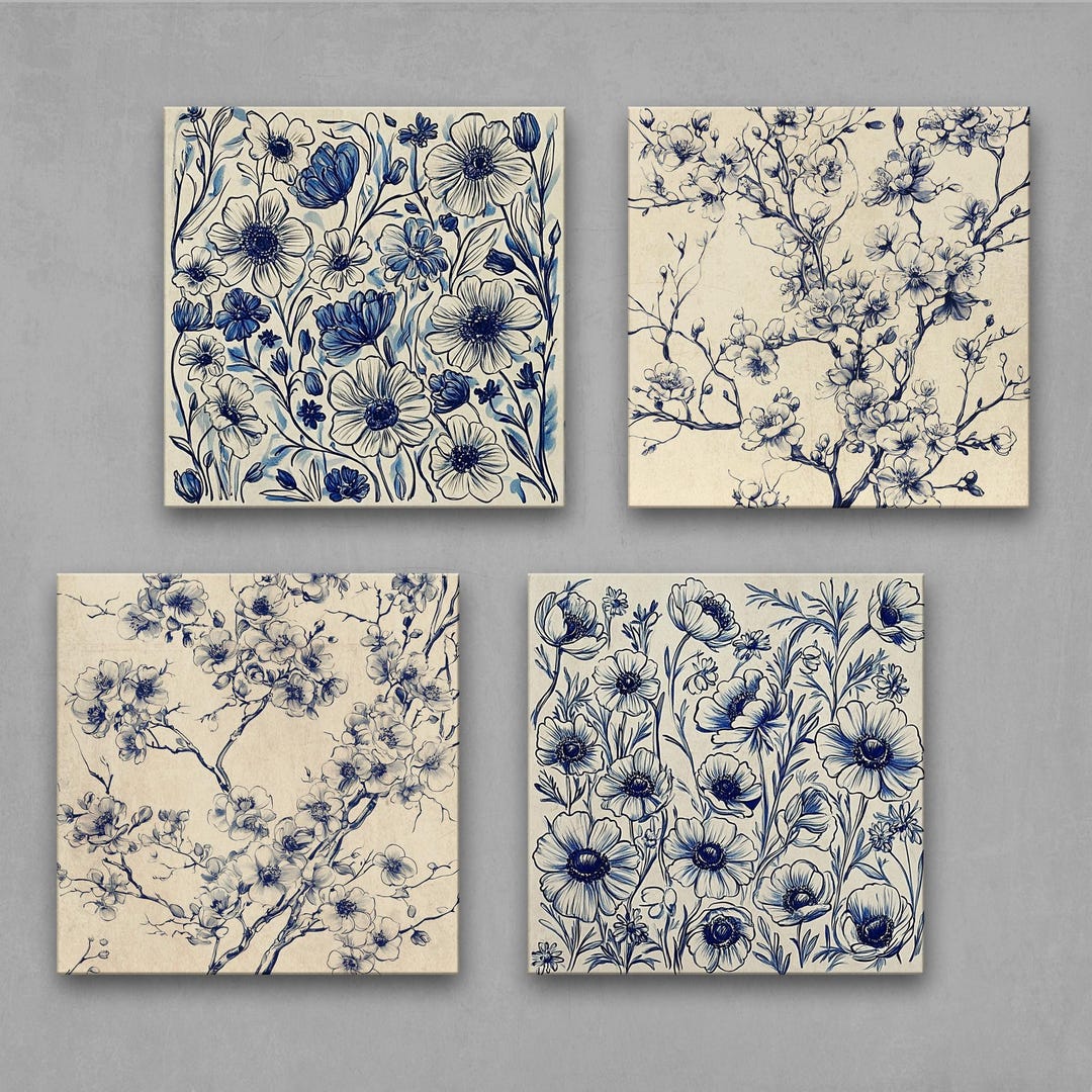 Blue Floral Canvas Print Set | Vintage Botanical Wall Art 4XB329 - Etsy