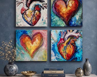 Abstract Heart Art Prints  (Set of 4 or Single) – Vibrant Paintings, Boho Home Decor 4XB216